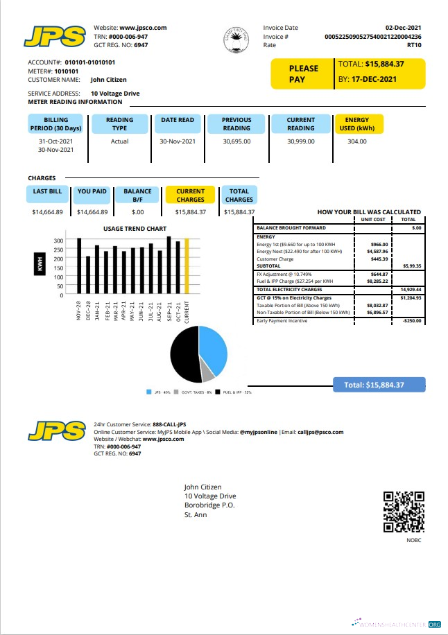 Jamaica Public Service Company Limited (JPS) electricity utility bill template in Word and PDF format